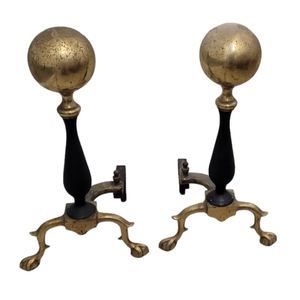 Pair of Antique Vintage Brass Ball Cannon Ball Top Fireplace Andirons
